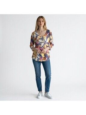Nally & Millie Top Women  M Medium Blue Floral V-Neck 3/4 Sleeve Rayon Casual